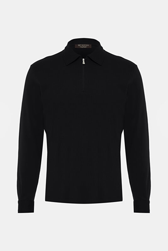FERMUARLI POLO YAKA UZUN KOL T-SHIRT