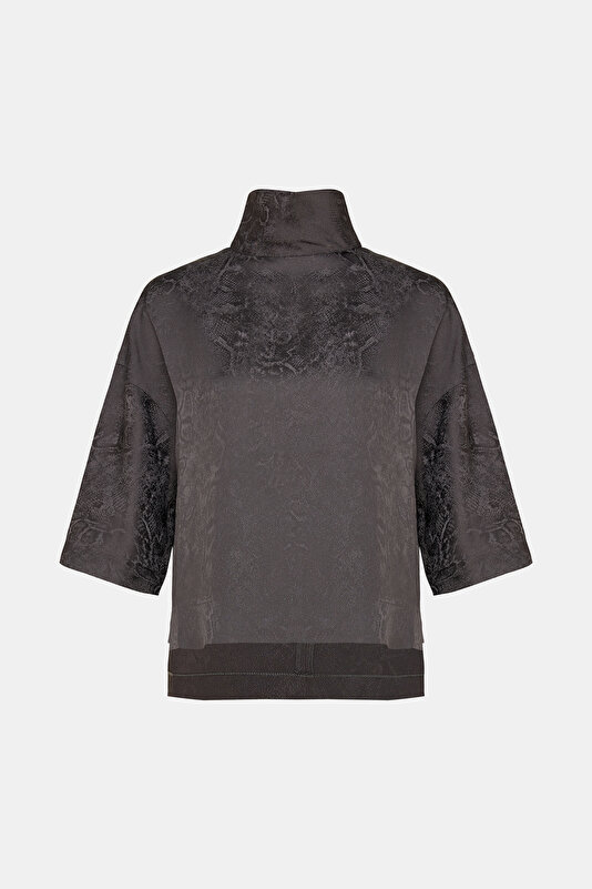 GREY UPRIGHT COLLAR 3/4 SLEEVES BLOUSE