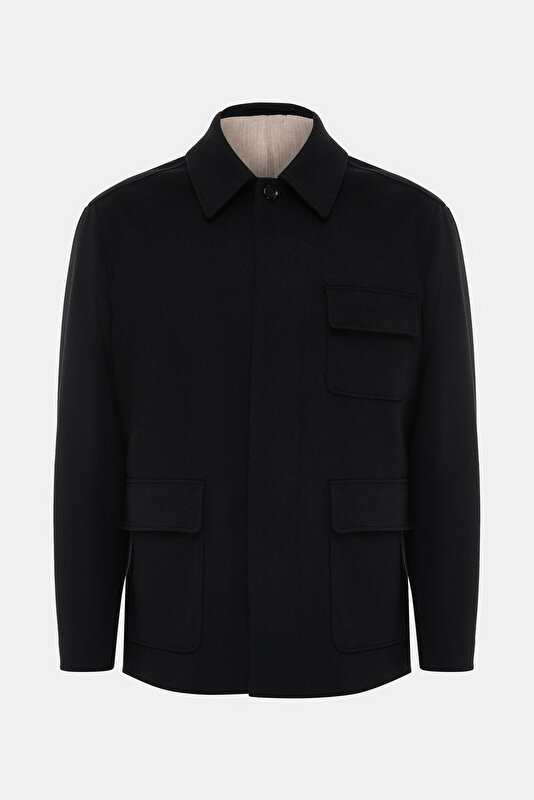 BLACK WOOL REEFER JACKET
