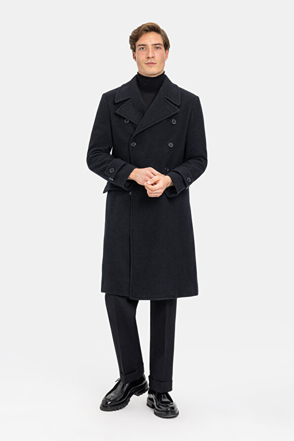 SMOKED PLAIN DIAGONAL WOOL/CASHMERE TOPCOAT