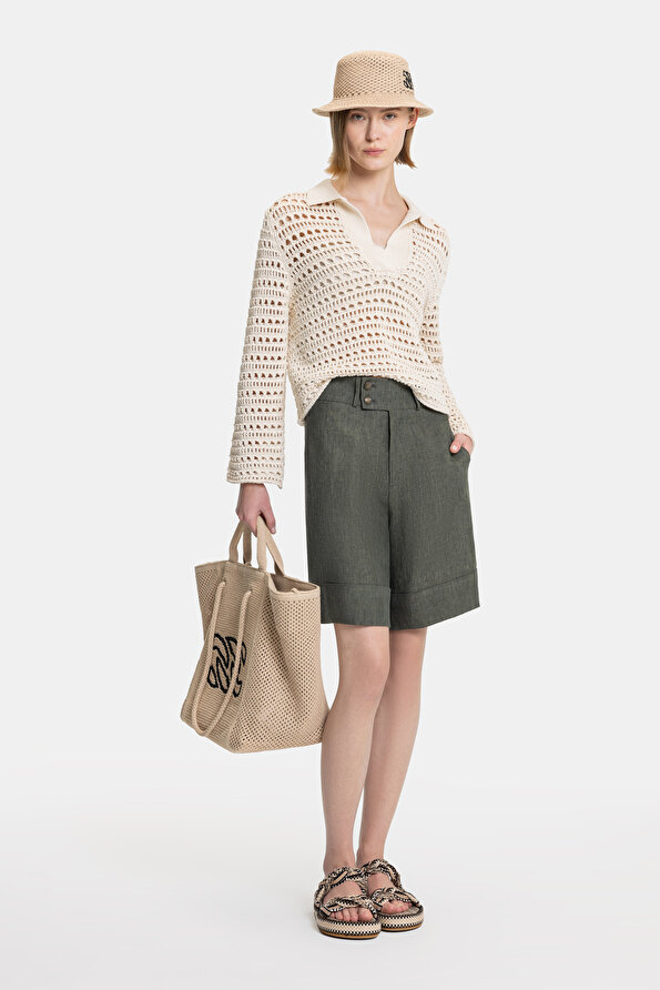 KHAKI HIGH WAIST LINEN SHORTS