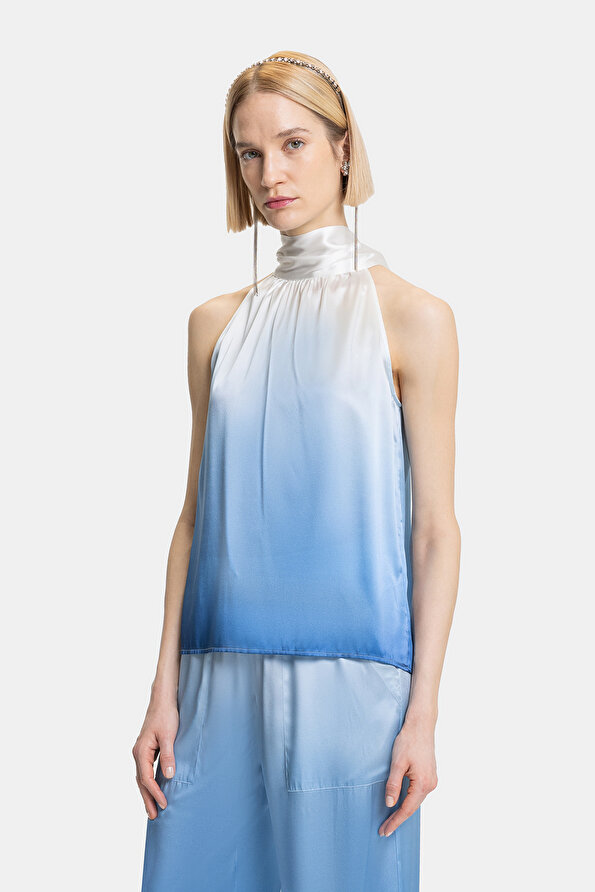 BLUE UPRIGHT COLLAR HALTER BLOUSE