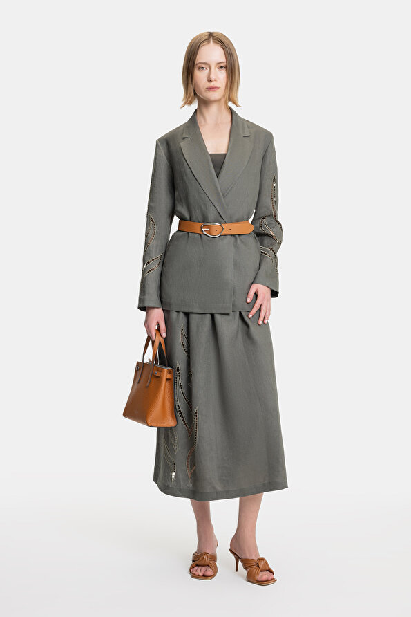 KHAKI SURPLICE NECKLINE (CROSS-OVER NECKLINE) JACKET