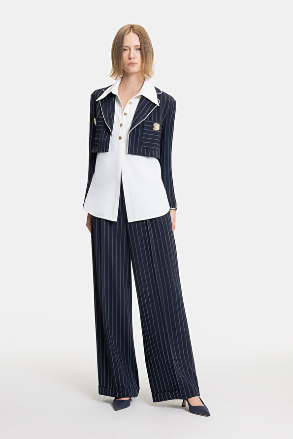 ECRU STRIPED STRAIGHT CUT TROUSERS