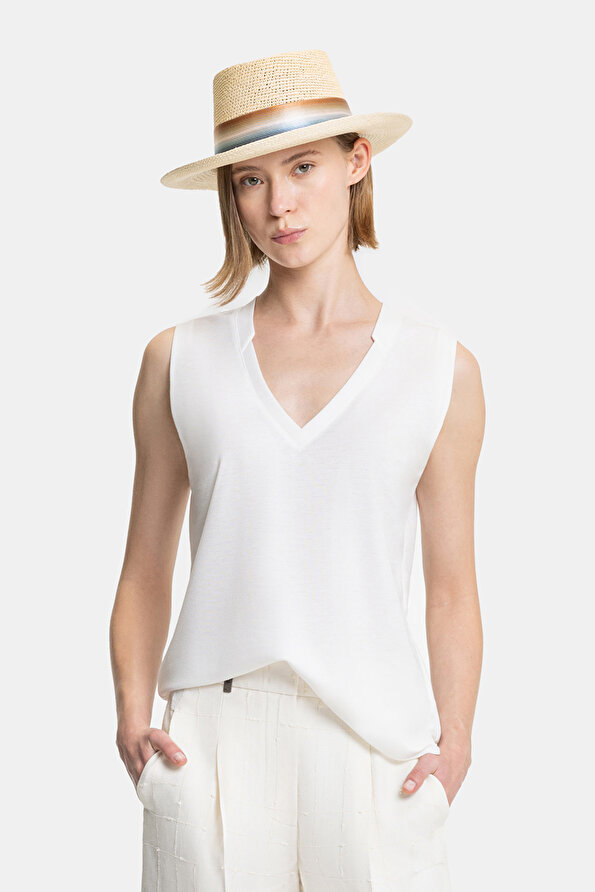 ECRU V NECK SLEEVELESS TSHIRT