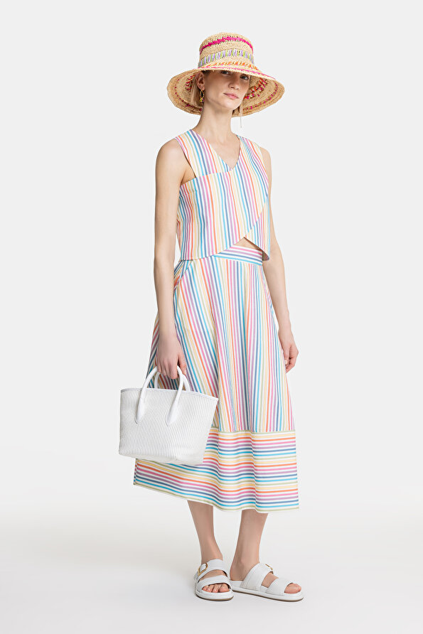 MULTICOLOR STRIPED PATTERNED MIDI SKIRT