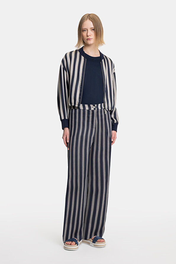 BEIGE STRIPED WIDE LEG TROUSERS