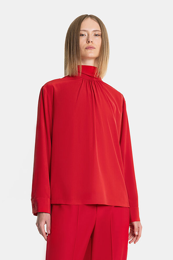 RED UPRIGHT COLLAR LONG SLEEVE BLOUSE
