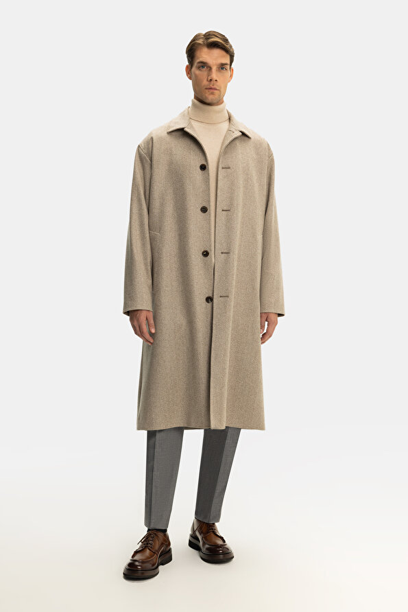 LIGHT BEIGE HERRINGBONE CASHMERE TOPCOAT