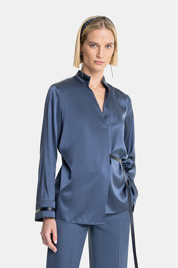 BLUE MANDARIN COLLAR LONG SLEEVE BLOUSE