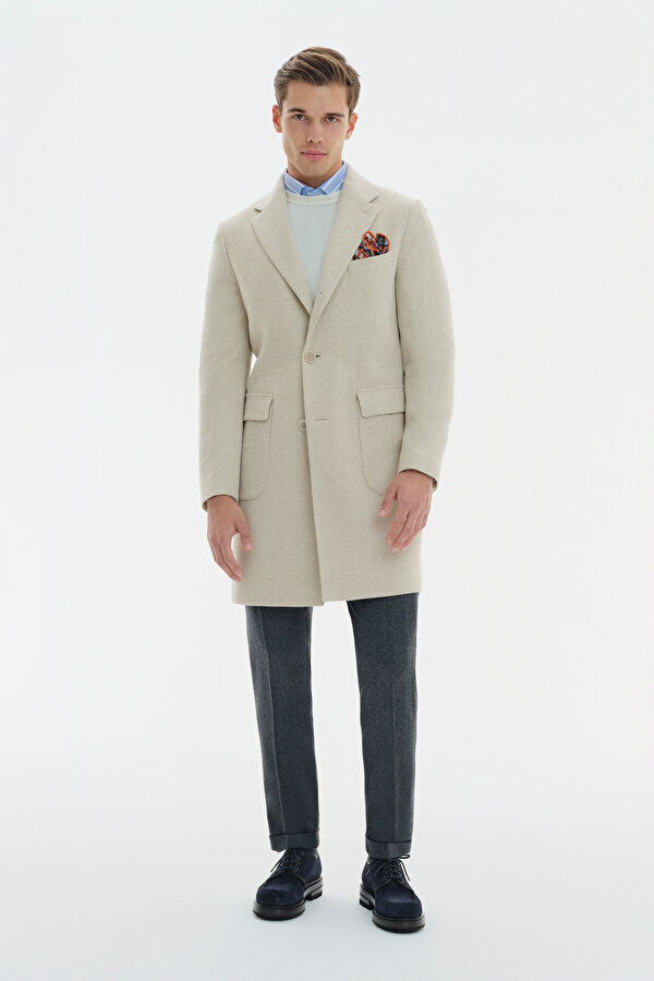 BEIGE HERRINGBONE ALPACA WOOL TOPCOAT