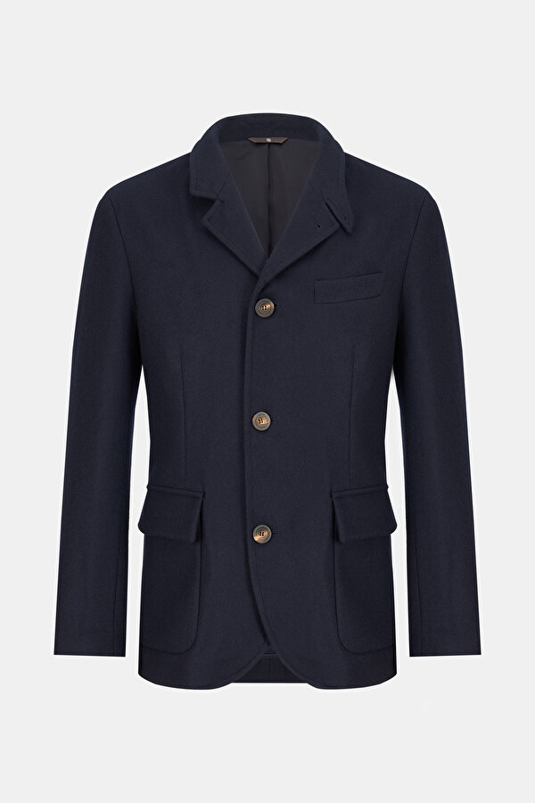 NAVY BLUE BUTTONED WOOL/POLYAMIDE JACKET