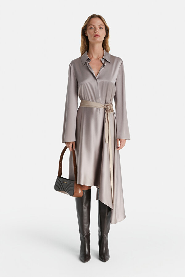 GREY LONG SLEEVE MİDİ DRESS