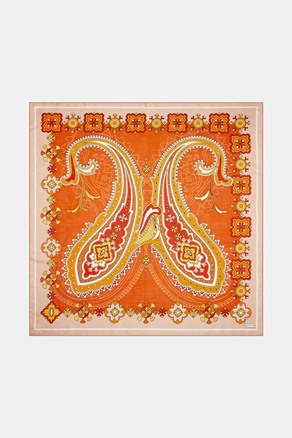 DARK ORANGE PAISLEY PATTERNED VOILE SILK SCARF