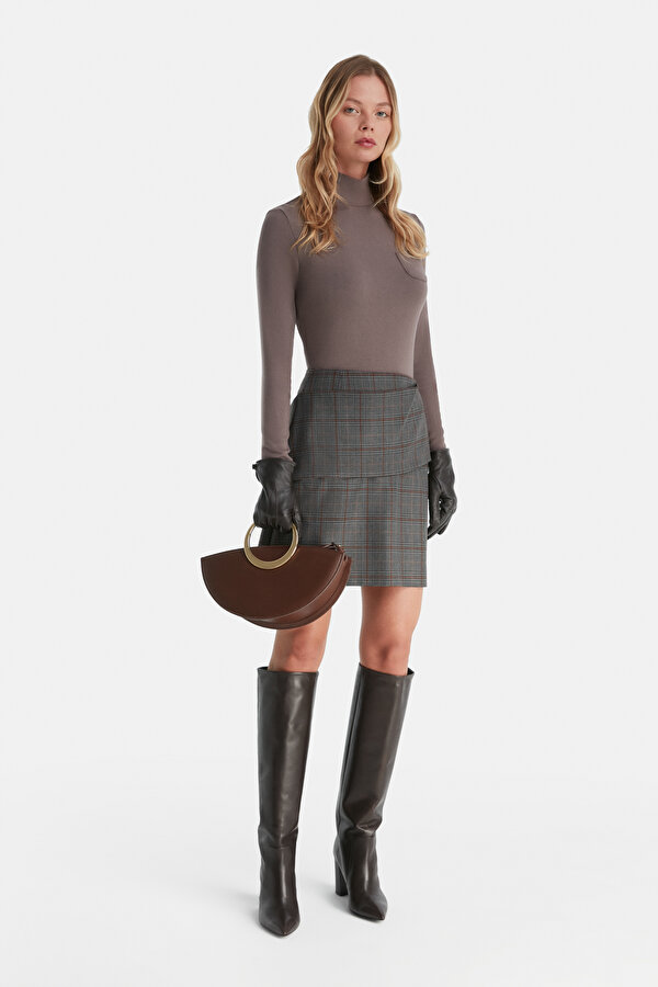 TAN CHECK MINI SKIRT