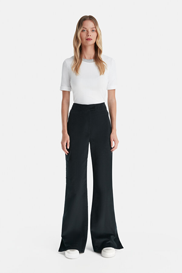 NAVY BLUE CORDED WIDE LEG TROUSERS