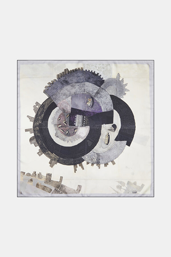 EKRU GEOMETRIK DESENLI TWILL EŞARP(EROL AKYAVAŞ (KALENİN DÜŞÜŞÜ (DİPTİK), 1982)