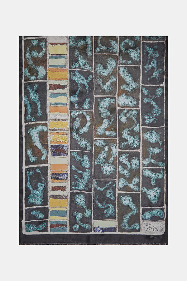 TURQUOISE GEOMETRIC DESIGN ETAMIN VOILE SHAWL