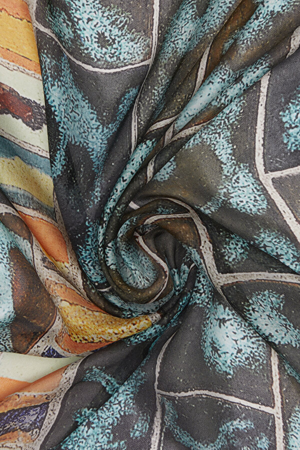 TURQUOISE GEOMETRIC DESIGN ETAMIN VOILE SHAWL 2