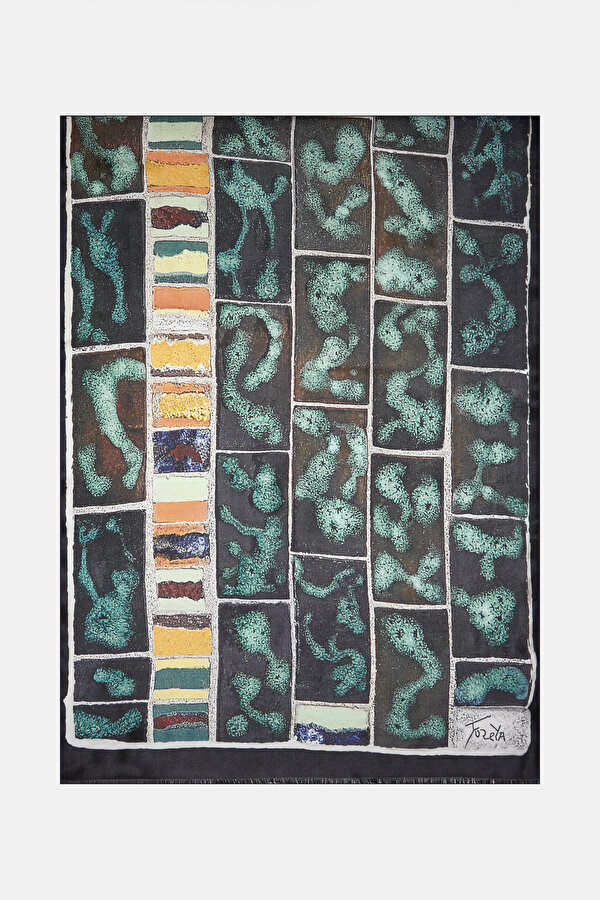 TURQUOISE GEOMETRIC DESIGN ETAMIN VOILE SHAWL