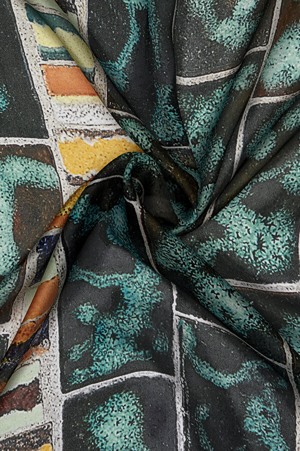 TURQUOISE GEOMETRIC DESIGN ETAMIN VOILE SHAWL 2