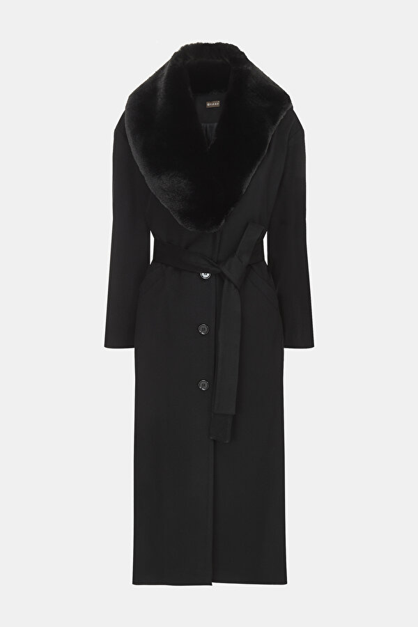 BLACK WOOL/POLYAMIDE OVERCOAT