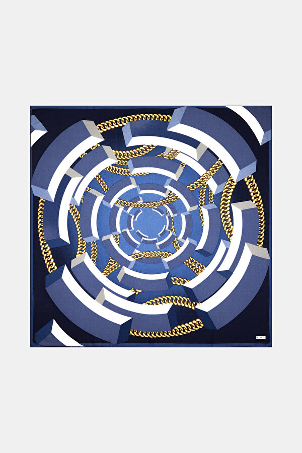 NAVY BLUE GEOMETRIC DESIGN CASHMERE/SILK SCARF