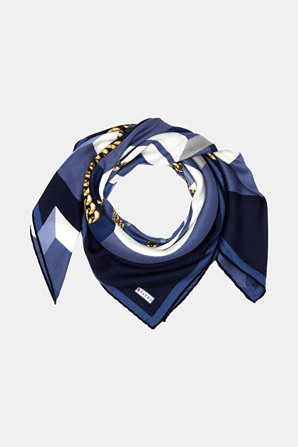 NAVY BLUE GEOMETRIC DESIGN CASHMERE/SILK SCARF 2