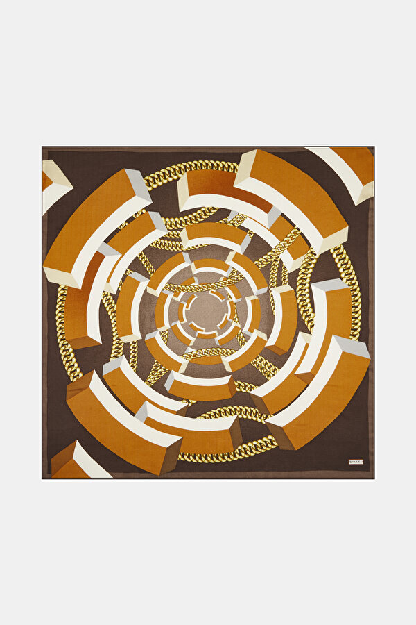 BROWN GEOMETRIC DESIGN CASHMERE/SILK SCARF