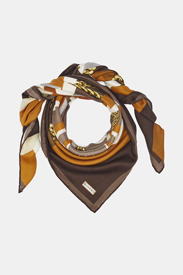 BROWN GEOMETRIC DESIGN CASHMERE/SILK SCARF 2