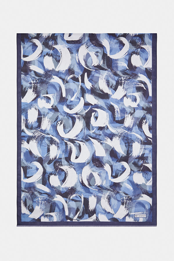 NAVY BLUE GEOMETRIC DESIGN VOILE SATIN SHAWL