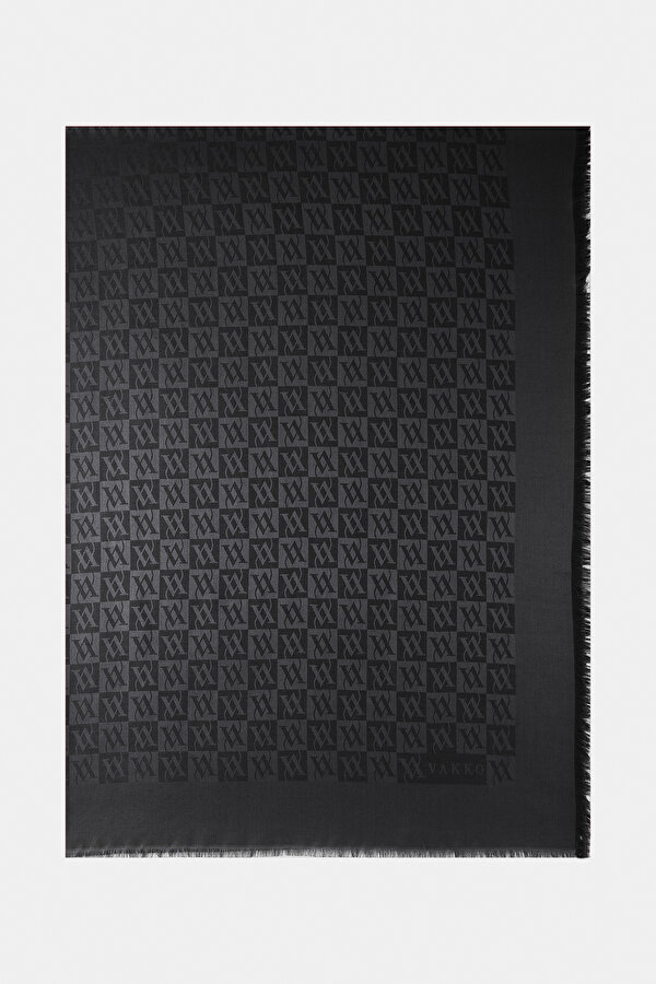 BLACK JACQUARD WOOL/SILK SHAWL