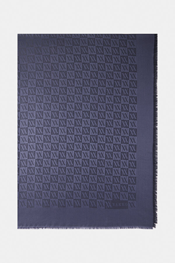 NAVY BLUE JACQUARD WOOL/SILK SHAWL