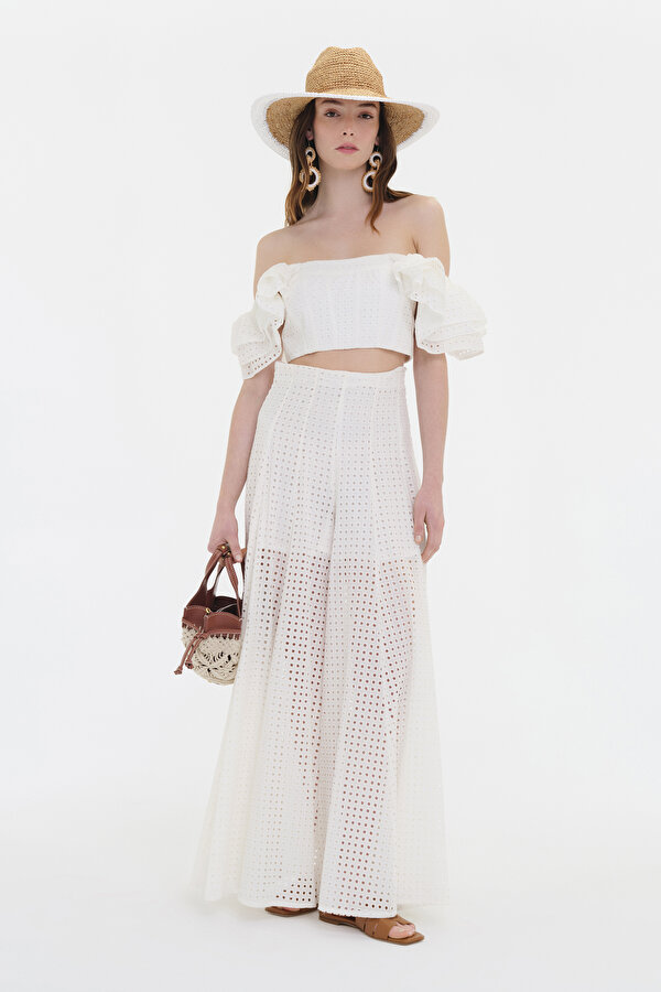 WHITE SMALL BOXES DESIGN WIDE LEG TROUSERS