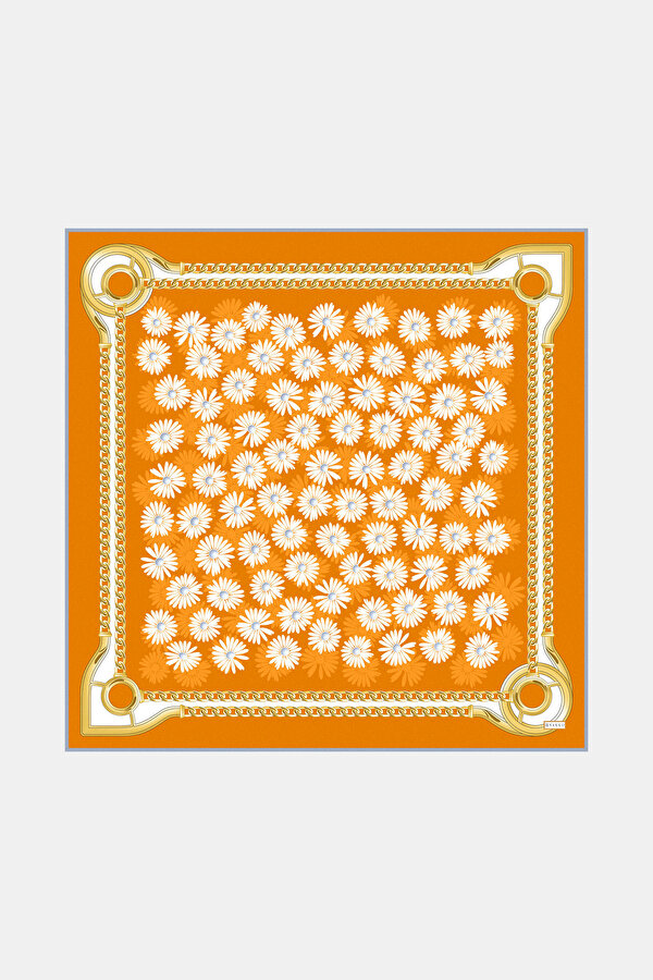 TURUNCU ÇİÇEK DESENLİ TWILL EŞARP