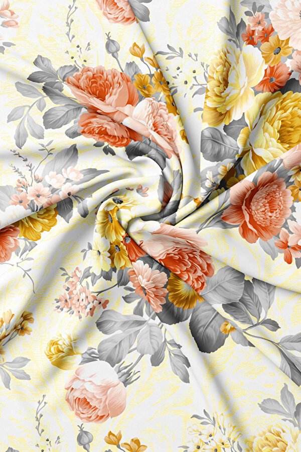 SARI ÇİÇEK DESENLİ TWILL EŞARP 2