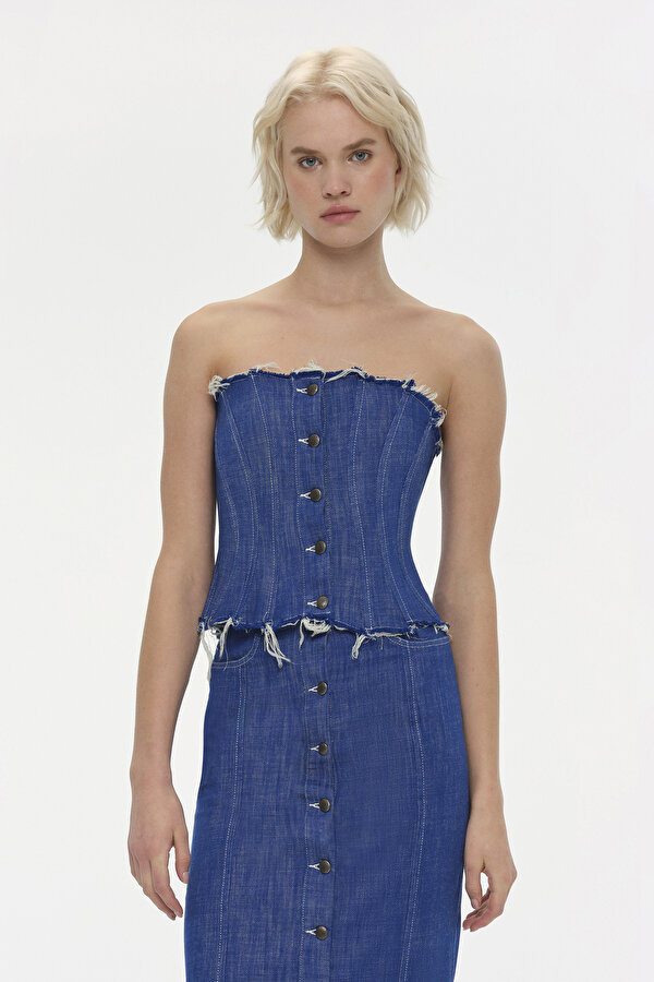 BLUE STRAPLESS SLEEVELESS BLOUSE