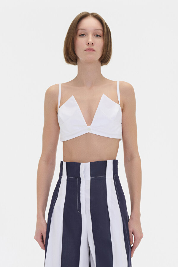 WHITE V NECK SLEEVELESS SUSPENDER BLOUSE