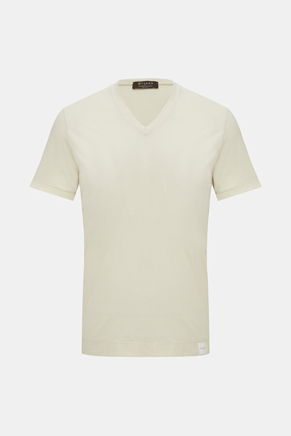 KREM V YAKA KISA KOLLU T-SHIRT