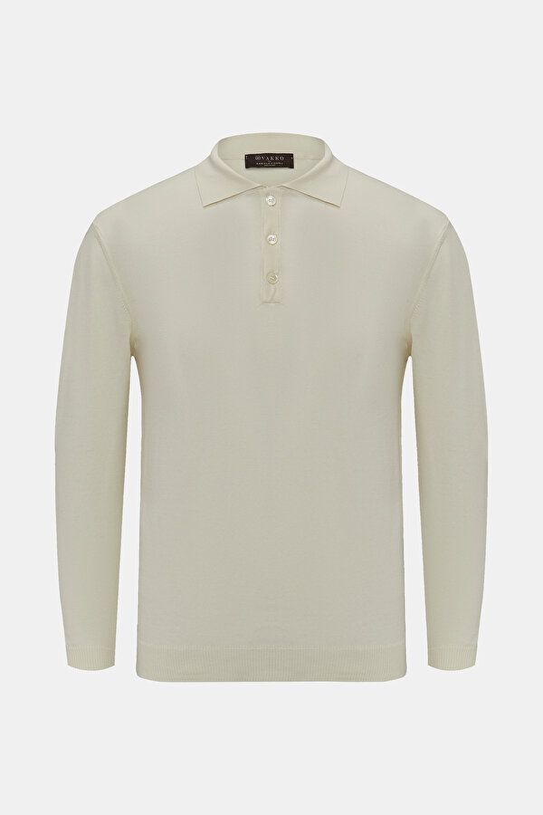 EKRU POLO YAKA UZUN KOLLU T-SHIRT