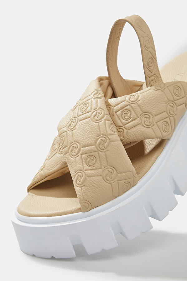 BEIGE MONOGRAM LEATHER SANDALS 6