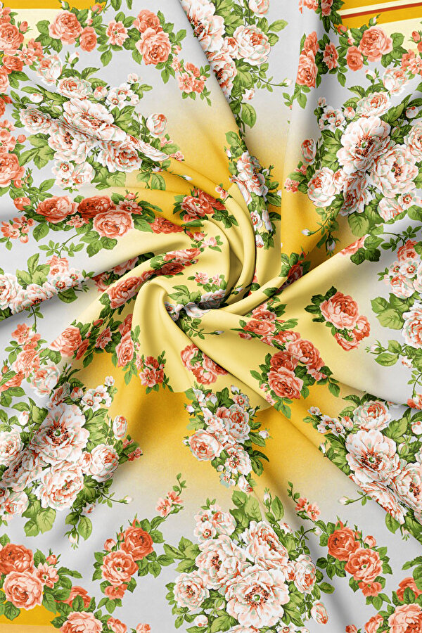 SARI ÇİÇEK DESENLİ TWILL EŞARP 2