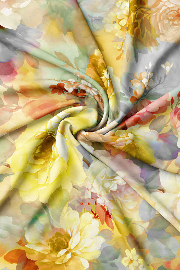 SARI ÇİÇEK DESENLİ TWILL EŞARP 2