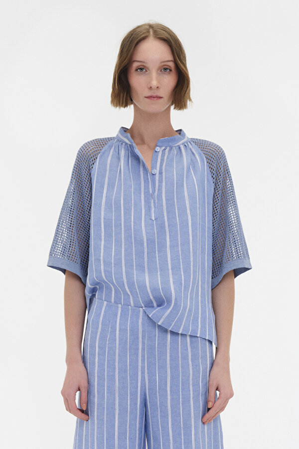 WHITE MANDARIN COLLAR 3/4 SLEEVES BLOUSE