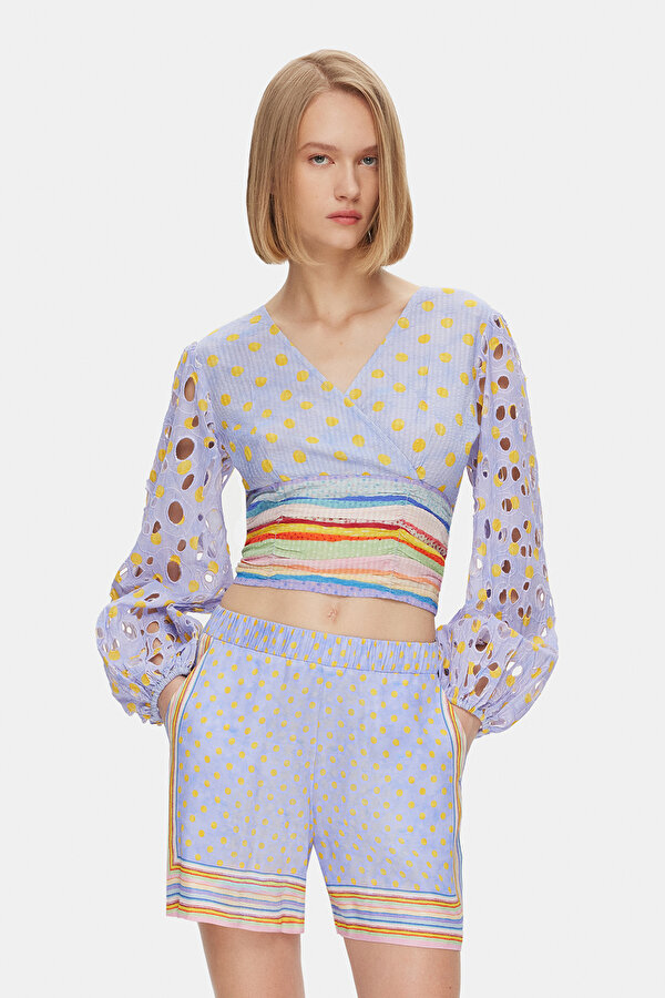 YELLOW SURPLICE NECKLINE (CROSS-OVER NECKLINE) LONG SLEEVE BLOUSE