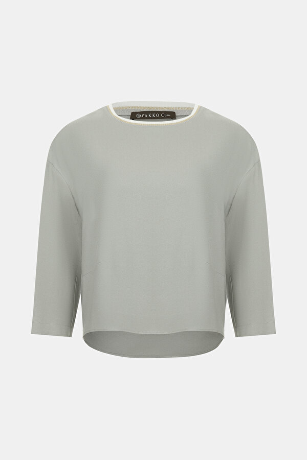 LIGHT GREY BASIC / ROUND NECKLINE LONG SLEEVE BLOUSE