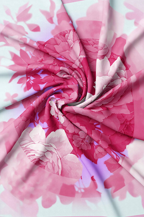 KOYU PEMBE ÇİÇEK DESENLİ TWİLL EŞARP 2