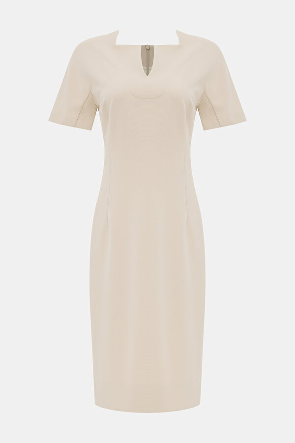 BEIGE SHORT SLEEVE BELOW THE KNEE DRESS