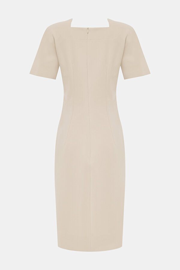 BEIGE SHORT SLEEVE BELOW THE KNEE DRESS 2