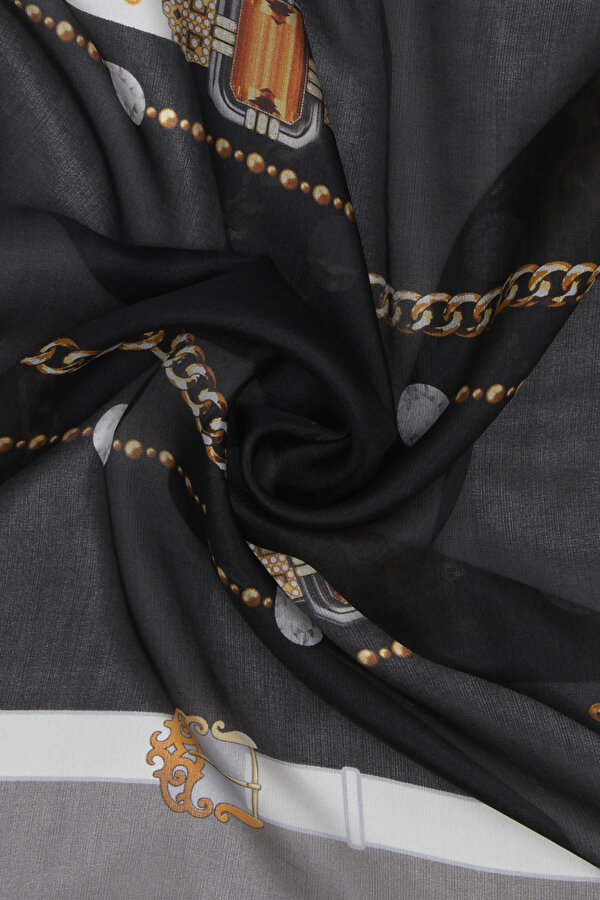 BLACK GEOMETRIC DESIGN VOILE SATIN SHAWL 2